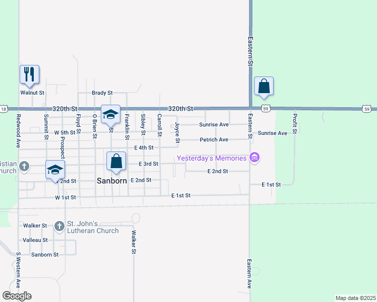 map of restaurants, bars, coffee shops, grocery stores, and more near 506 East 3rd Street in Sanborn