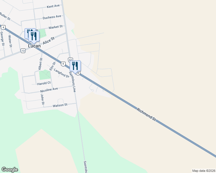 map of restaurants, bars, coffee shops, grocery stores, and more near 33318 Richmond Street in Lucan