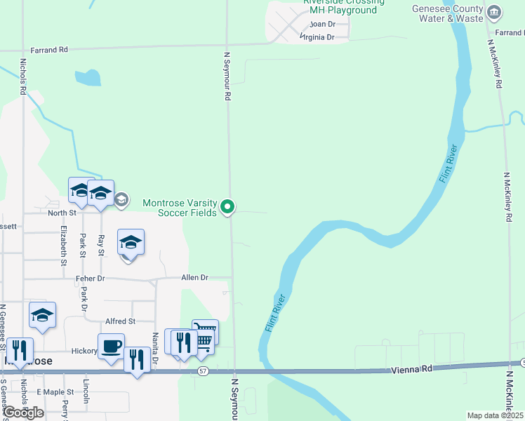 map of restaurants, bars, coffee shops, grocery stores, and more near 12266 Seymour Road in Montrose