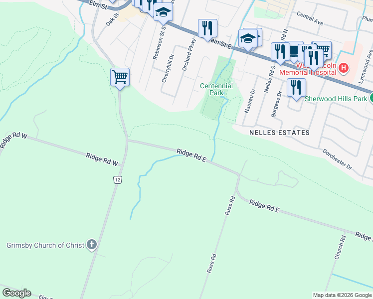 map of restaurants, bars, coffee shops, grocery stores, and more near 51 Ridge Road East in Grimsby