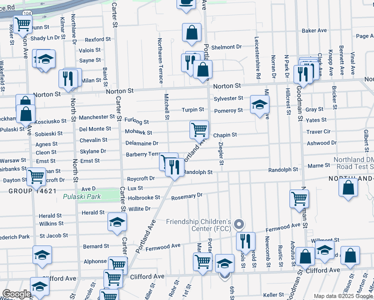map of restaurants, bars, coffee shops, grocery stores, and more near 12 Barberry Terrace in Rochester