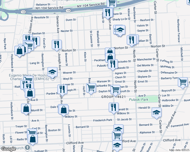 map of restaurants, bars, coffee shops, grocery stores, and more near 194 Weyl Street in Rochester