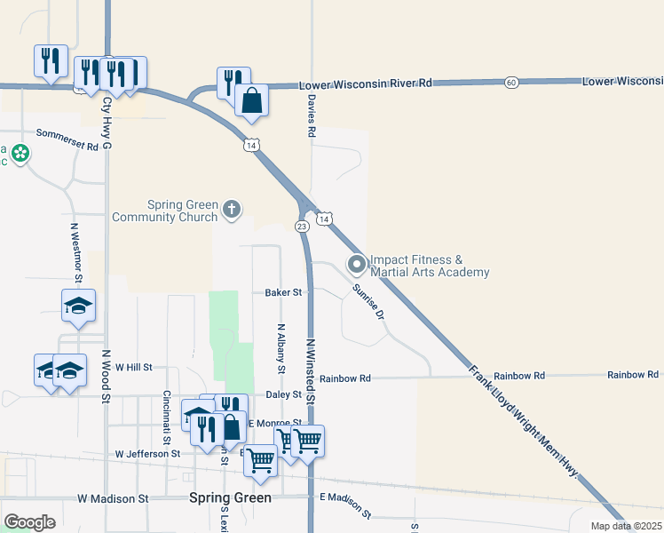 map of restaurants, bars, coffee shops, grocery stores, and more near 560 Sunrise Drive in Spring Green