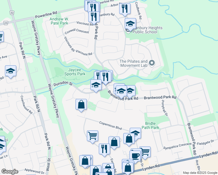 map of restaurants, bars, coffee shops, grocery stores, and more near 155 Brantwood Park Road in Brantford