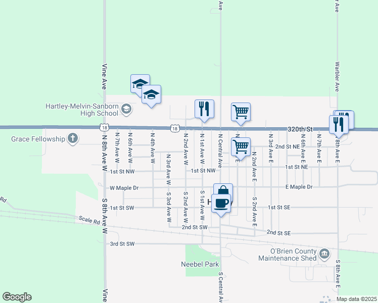 map of restaurants, bars, coffee shops, grocery stores, and more near 200 North 2nd Avenue West in Hartley