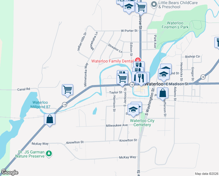 map of restaurants, bars, coffee shops, grocery stores, and more near 432 W Madison St in Waterloo