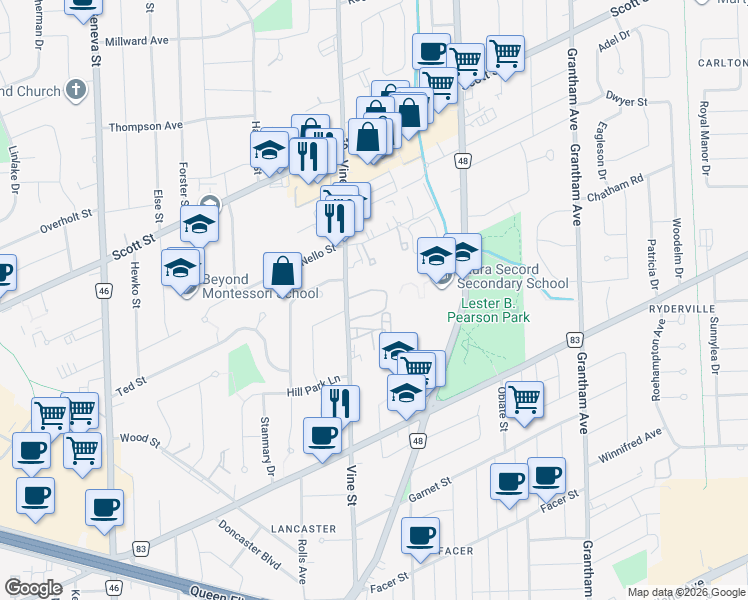 map of restaurants, bars, coffee shops, grocery stores, and more near 302 Vine Street in St. Catharines