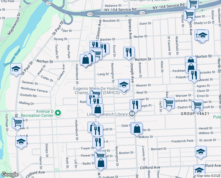 map of restaurants, bars, coffee shops, grocery stores, and more near 28 Oscar Street in Rochester