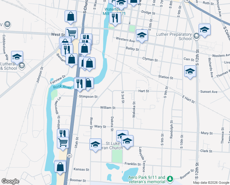 map of restaurants, bars, coffee shops, grocery stores, and more near 1111 Dakota Street in Watertown
