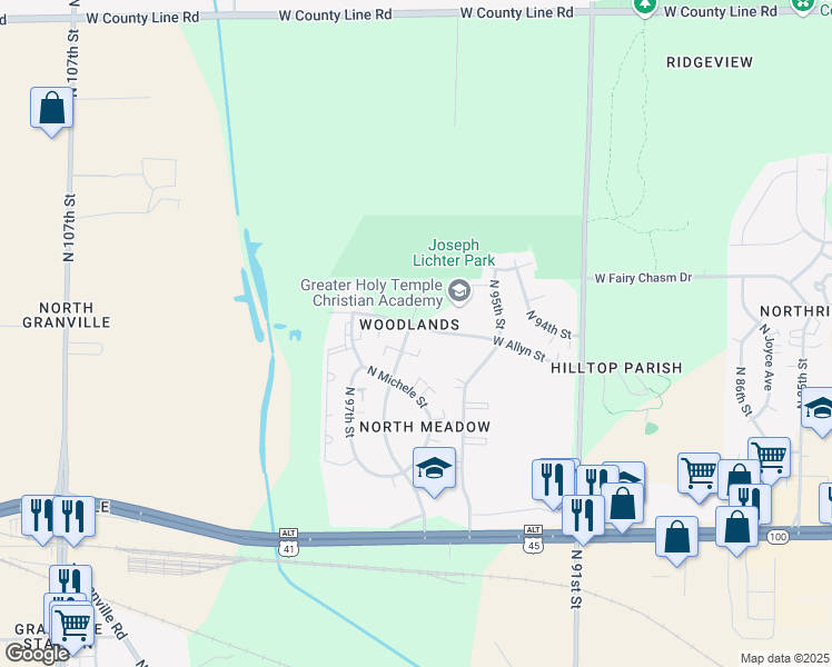 map of restaurants, bars, coffee shops, grocery stores, and more near 9591 West Allyn Street in Milwaukee