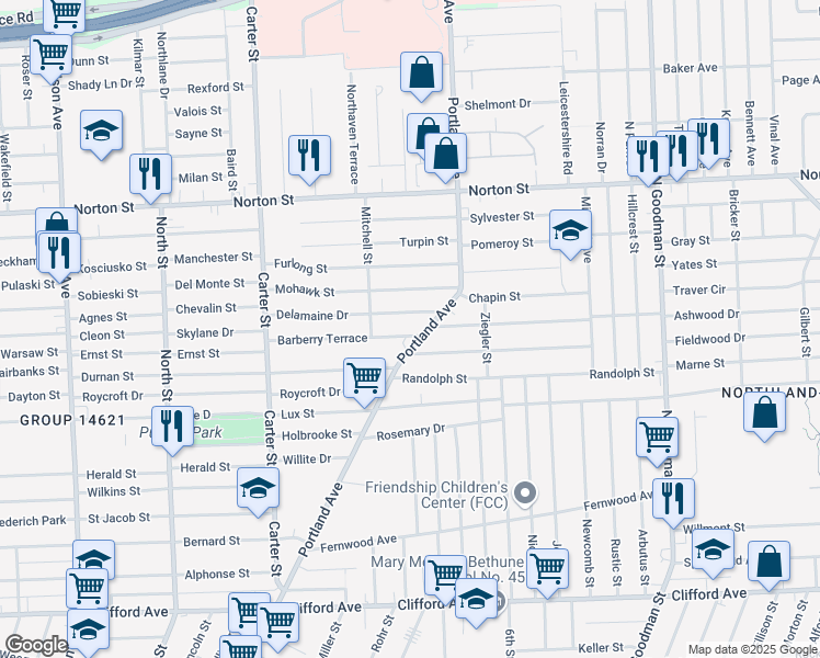 map of restaurants, bars, coffee shops, grocery stores, and more near 12 Barberry Terrace in Rochester