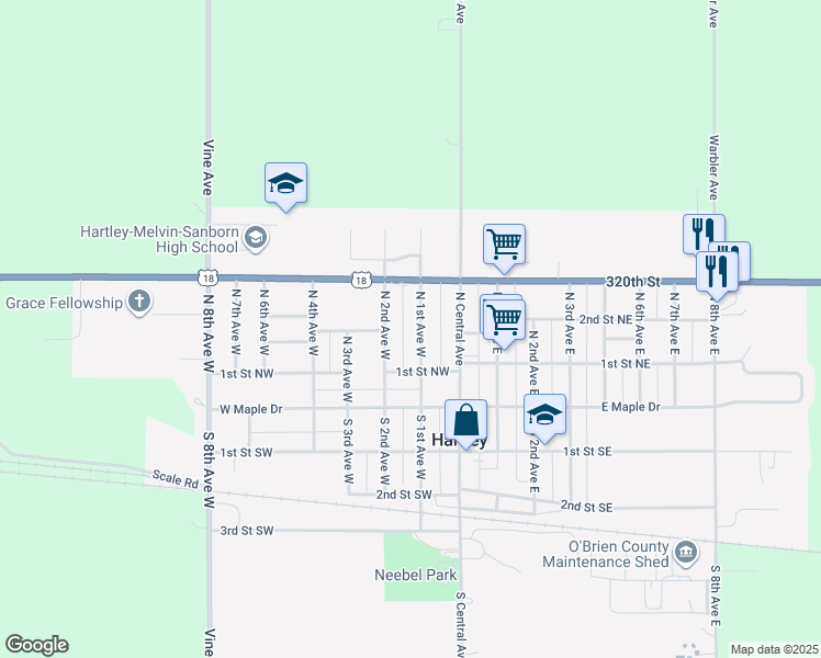 map of restaurants, bars, coffee shops, grocery stores, and more near 200-298 N 2nd Avenue West in Hartley