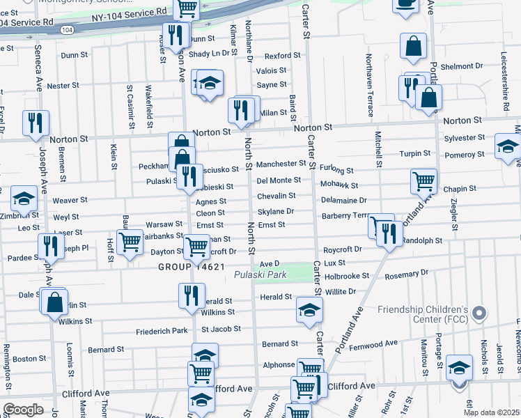map of restaurants, bars, coffee shops, grocery stores, and more near 20 Skylane Drive in Rochester
