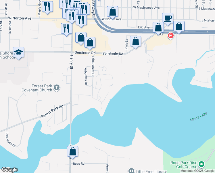 map of restaurants, bars, coffee shops, grocery stores, and more near 581 Lake Forest Lane in Muskegon