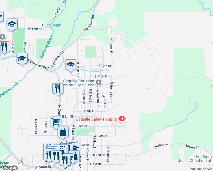 map of restaurants, bars, coffee shops, grocery stores, and more near 741 East 10th Street in Coquille