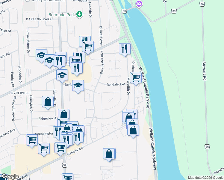map of restaurants, bars, coffee shops, grocery stores, and more near 57 Huntley Crescent in St. Catharines
