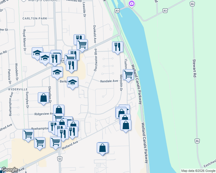 map of restaurants, bars, coffee shops, grocery stores, and more near 57 Huntley Crescent in St. Catharines