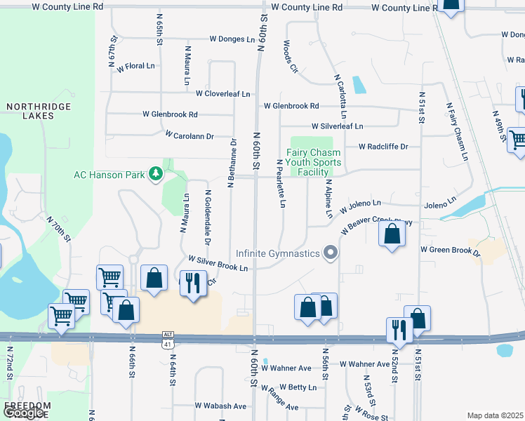 map of restaurants, bars, coffee shops, grocery stores, and more near 9124 North 60th Street in Brown Deer