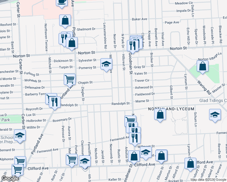 map of restaurants, bars, coffee shops, grocery stores, and more near 62 Midland Avenue in Rochester
