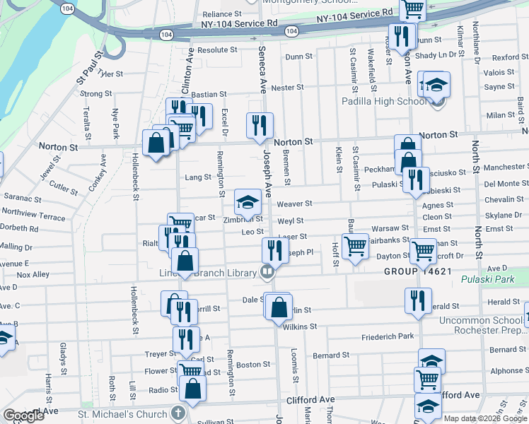 map of restaurants, bars, coffee shops, grocery stores, and more near in Rochester