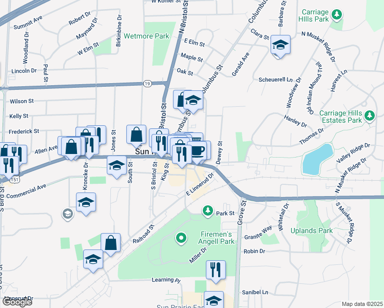 map of restaurants, bars, coffee shops, grocery stores, and more near 115 Church Street in Sun Prairie