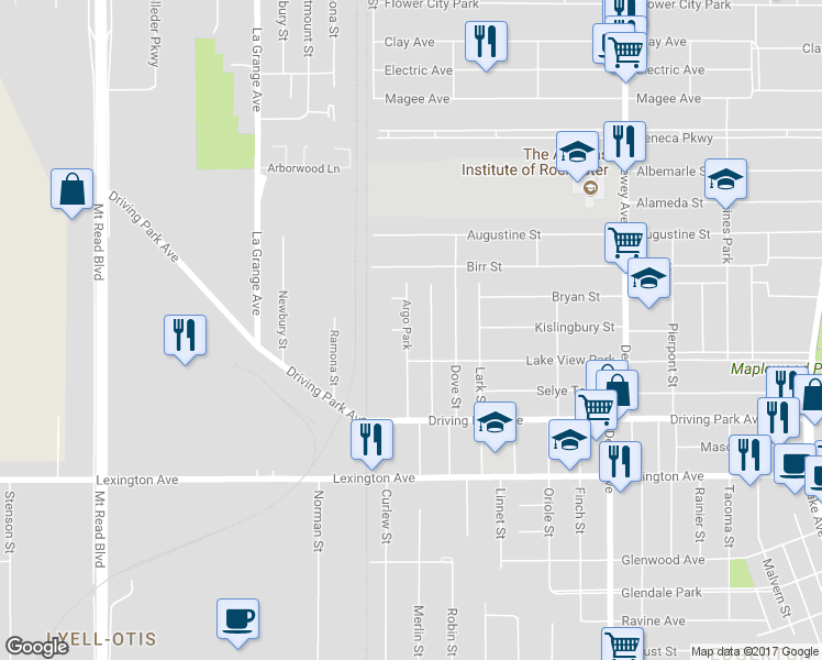 map of restaurants, bars, coffee shops, grocery stores, and more near 120 Argo Park in Rochester