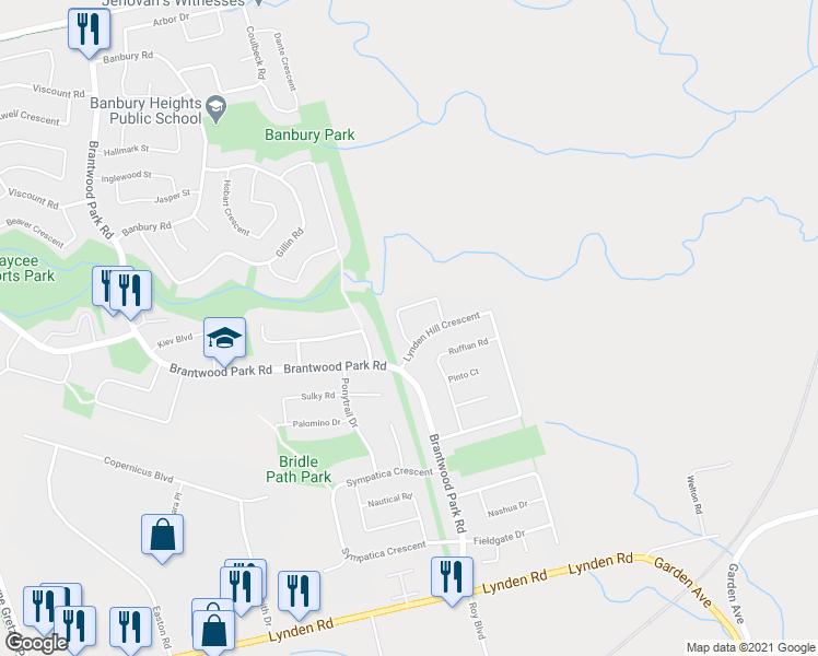map of restaurants, bars, coffee shops, grocery stores, and more near 37 Riva Ridge in Brantford