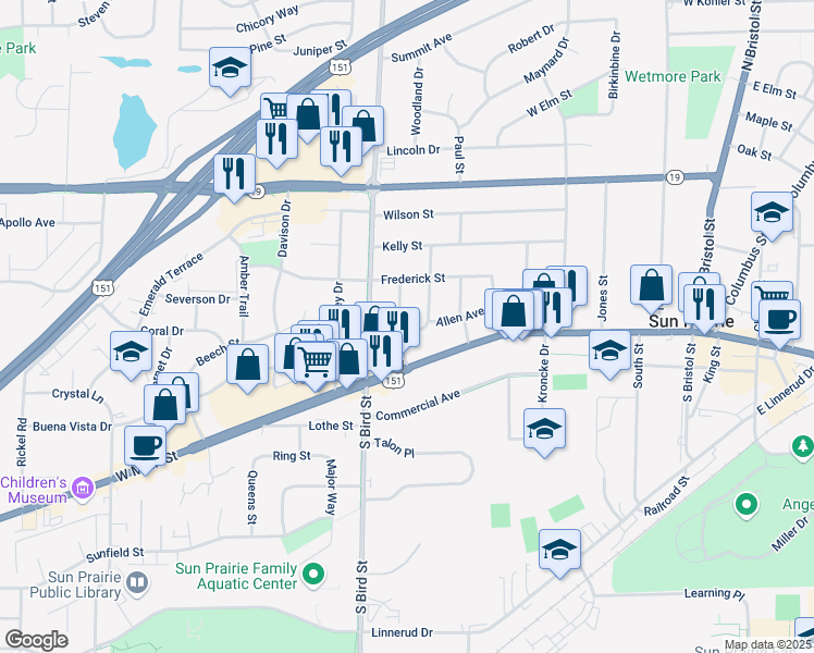 map of restaurants, bars, coffee shops, grocery stores, and more near 120 Roland Street in Sun Prairie