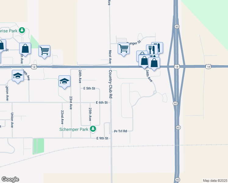 map of restaurants, bars, coffee shops, grocery stores, and more near 501 Country Club Road in Sheldon