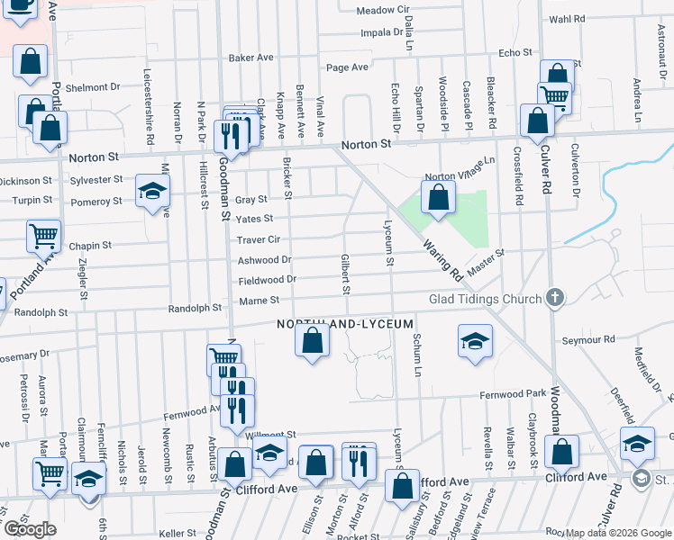 map of restaurants, bars, coffee shops, grocery stores, and more near 180 Fieldwood Dr in Rochester