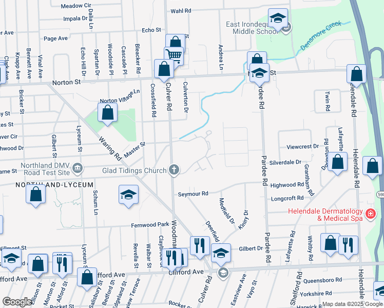 map of restaurants, bars, coffee shops, grocery stores, and more near 108 Charwood Circle in Irondequoit