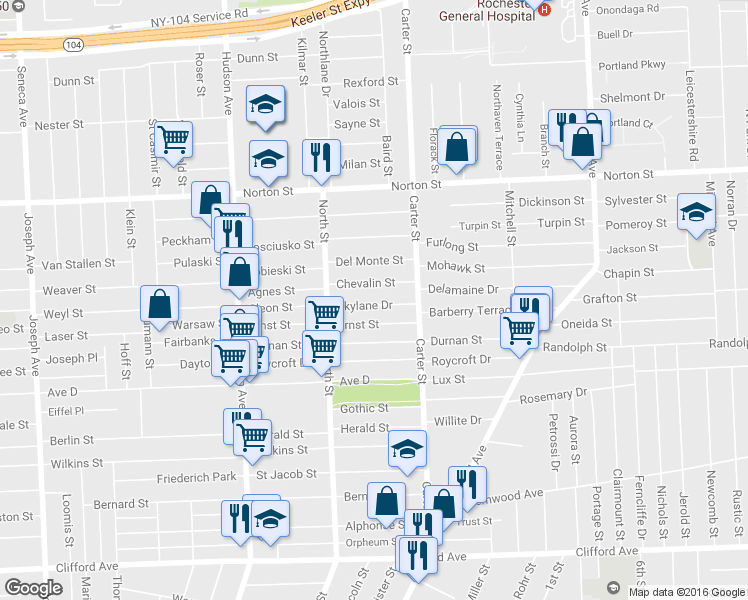 map of restaurants, bars, coffee shops, grocery stores, and more near 70 Skylane Drive in Rochester