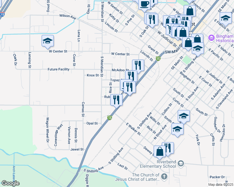 map of restaurants, bars, coffee shops, grocery stores, and more near 225 Ruby Street in Blackfoot