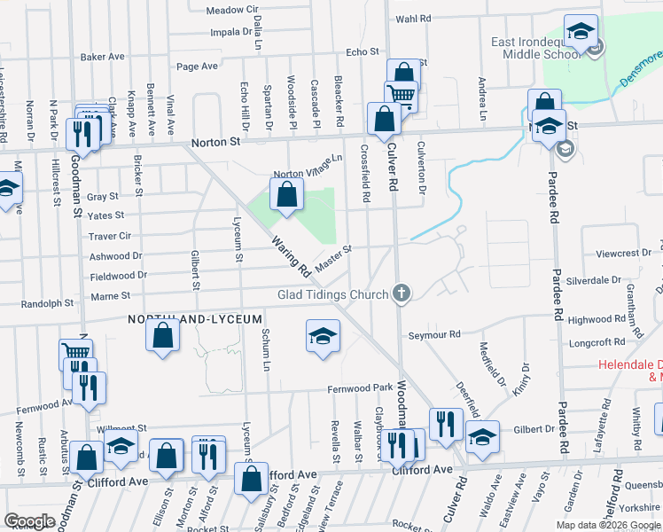 map of restaurants, bars, coffee shops, grocery stores, and more near 42 Elbert Street in Rochester