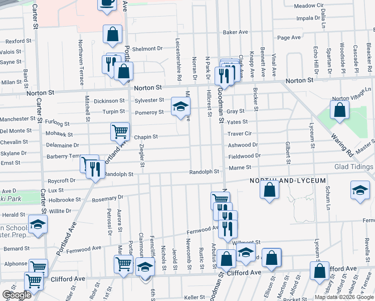 map of restaurants, bars, coffee shops, grocery stores, and more near 62 Midland Avenue in Rochester