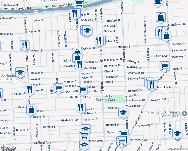 map of restaurants, bars, coffee shops, grocery stores, and more near 98 Cleon Street in Rochester