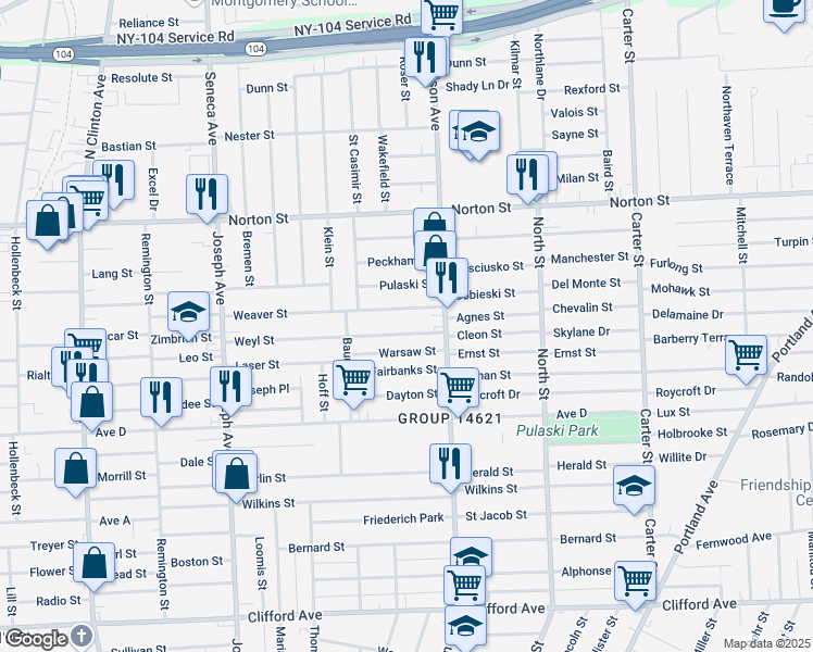 map of restaurants, bars, coffee shops, grocery stores, and more near 250 Weyl Street in Rochester