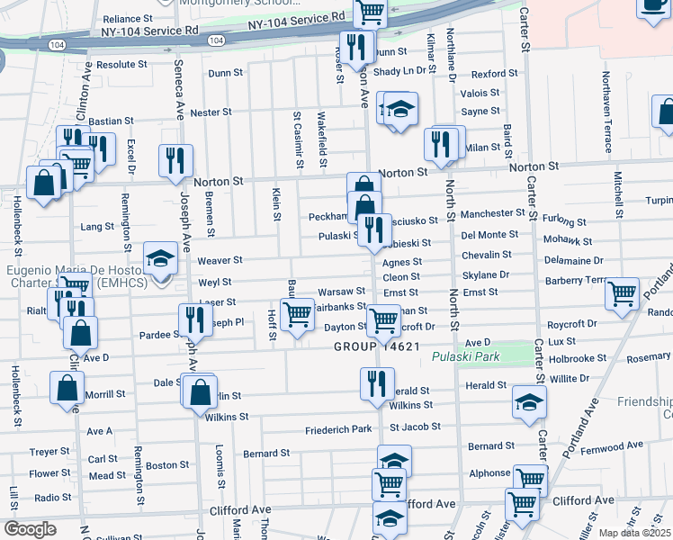 map of restaurants, bars, coffee shops, grocery stores, and more near 250 Weyl Street in Rochester