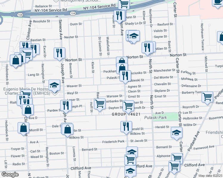 map of restaurants, bars, coffee shops, grocery stores, and more near 250 Weyl Street in Rochester