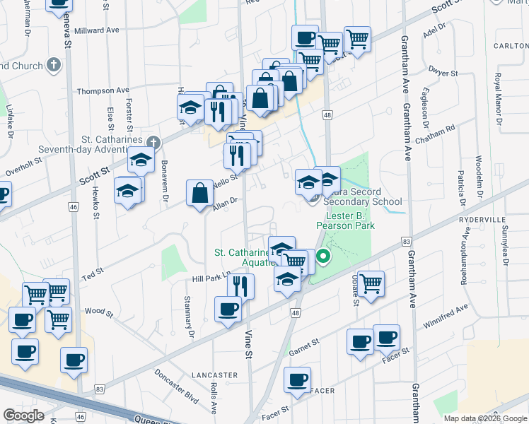 map of restaurants, bars, coffee shops, grocery stores, and more near in St. Catharines