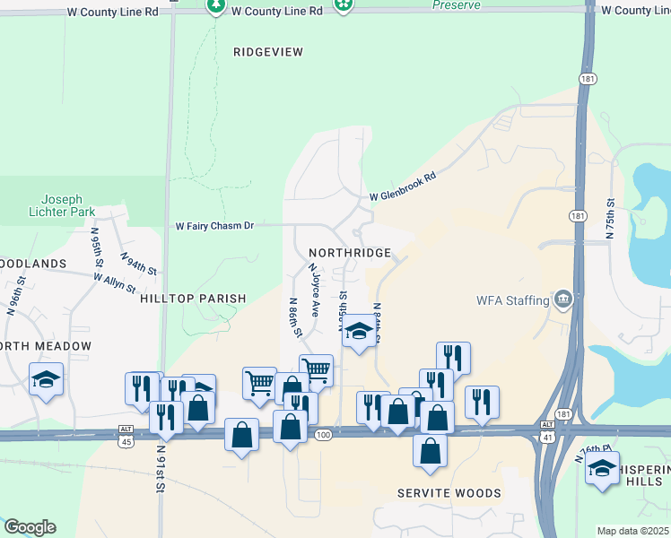 map of restaurants, bars, coffee shops, grocery stores, and more near 9136 North 85th Street in Milwaukee