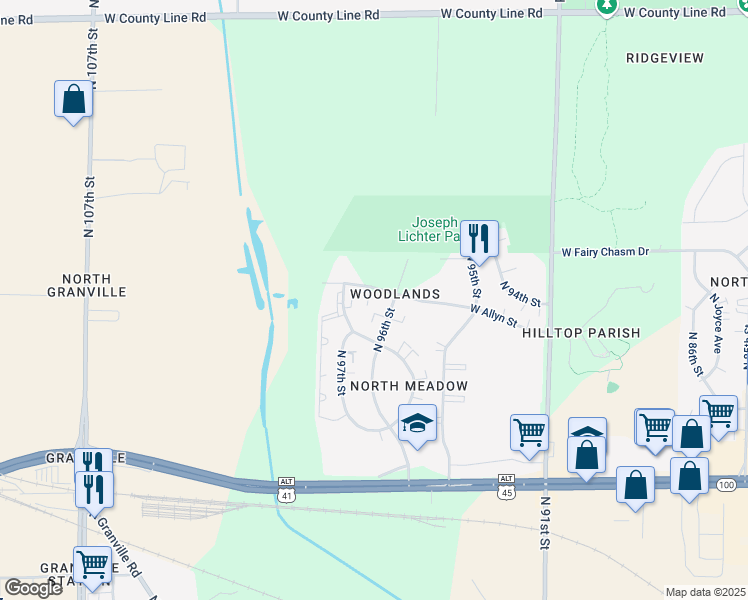map of restaurants, bars, coffee shops, grocery stores, and more near 9619 West Allyn Street in Milwaukee