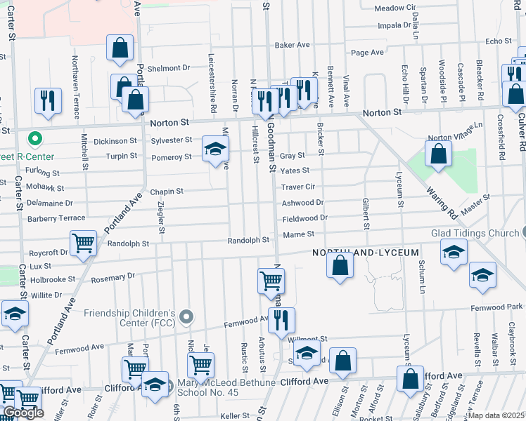 map of restaurants, bars, coffee shops, grocery stores, and more near 62 Hillcrest Street in Rochester