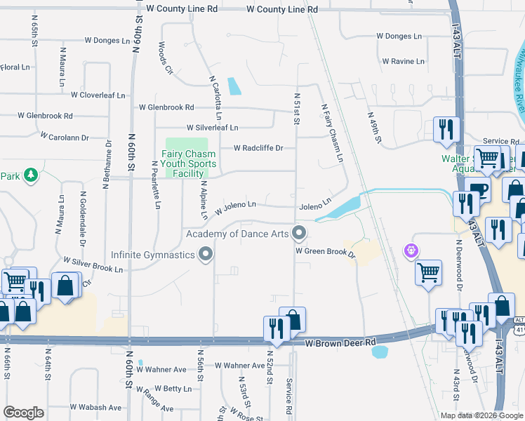 map of restaurants, bars, coffee shops, grocery stores, and more near 5329 West Joleno Lane in Brown Deer