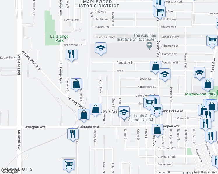 map of restaurants, bars, coffee shops, grocery stores, and more near 204 Bidwell Terrace in Rochester