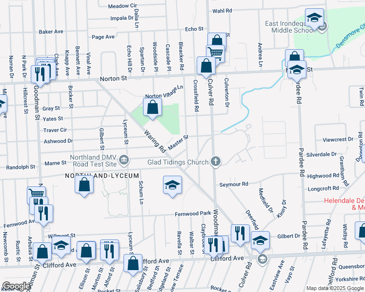 map of restaurants, bars, coffee shops, grocery stores, and more near 42 Elbert Street in Rochester