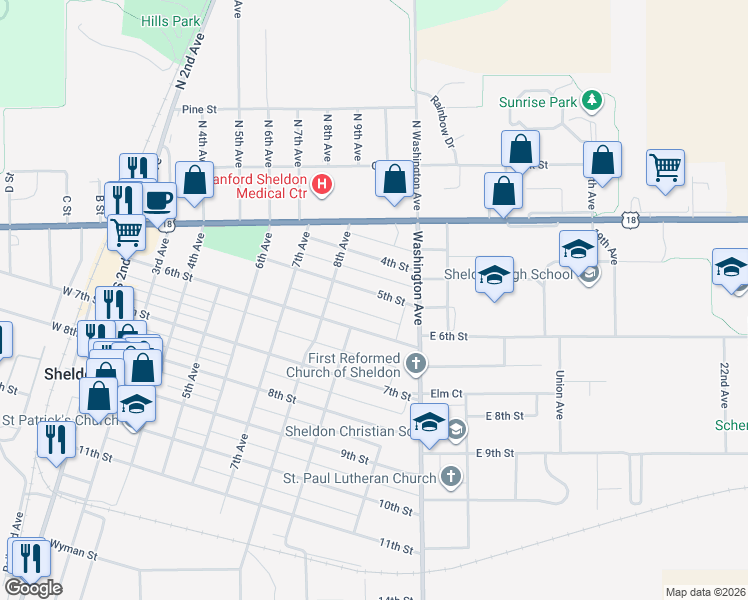 map of restaurants, bars, coffee shops, grocery stores, and more near 910 5th Street in Sheldon