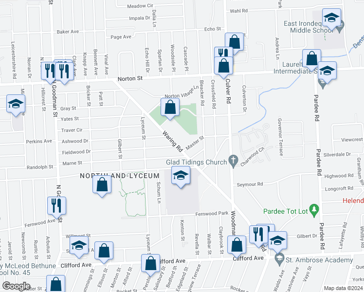 map of restaurants, bars, coffee shops, grocery stores, and more near 230 Waring Road in Rochester