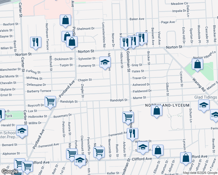 map of restaurants, bars, coffee shops, grocery stores, and more near 62 Midland Avenue in Rochester
