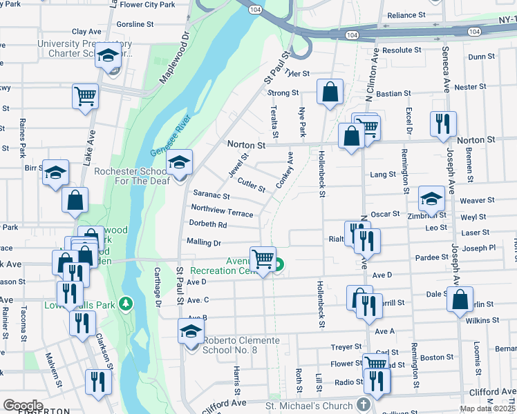map of restaurants, bars, coffee shops, grocery stores, and more near 161 Saranac Street in Rochester